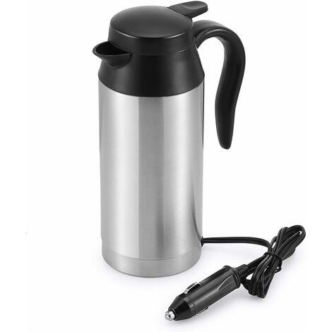 Hervidor eléctrico de viaje, hervidor eléctrico portátil de acero inoxidable para coche de 650 ml y 12 V con taza de calefacción de coche de goma sellada para agua caliente
