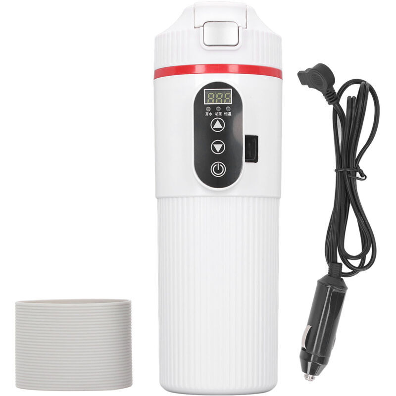 Xisrens Schwarz Hervidor Eléctrico Para Coche Eosnow De 500 Ml, Taza Calefactora De Acero Inoxidable, Pantalla Inteligente De Temperatura, Con Enchufe Para Encendedor, Color Blanco