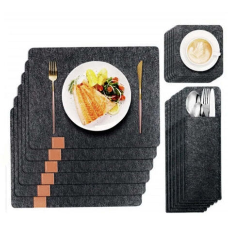 Herzberg hg 04203 18 pieces de napperon de table a manger en feutre naturel sac a couverts et ensemble de dessous de verre