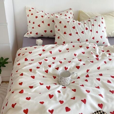 Herzförmiger Bettbezug 200 x 230 cm, rot, mit 2 Kissenbezügen 48 x 73 cm – Rot-weißes Mikrofaser-Bettwäscheset – Bettwäsche für 2 Personen mit Reißverschluss