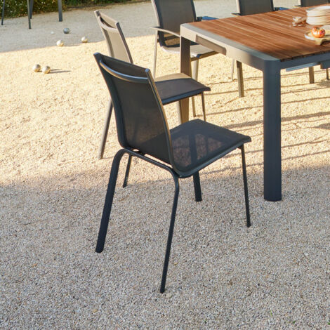 Hesperide – Chaise de jardin empilable en aluminium traité époxy – Couleur anthracite et graphite – Dimensions 63x48x94cm – Poids 2.2kg