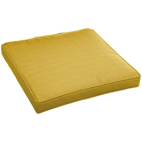 Hesperide – Galette de chaise 40x40cm jaune moutarde en polyester – Rembourrage mousse 130g/m² – Déperlant et anti-UV – Système de fixation scratch