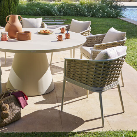 Hesperide – Lot de 2 fauteuils de jardin Yconia argile et beige – Structure aluminium – Dossier en cordage – Coussin déperlant et déhoussable
