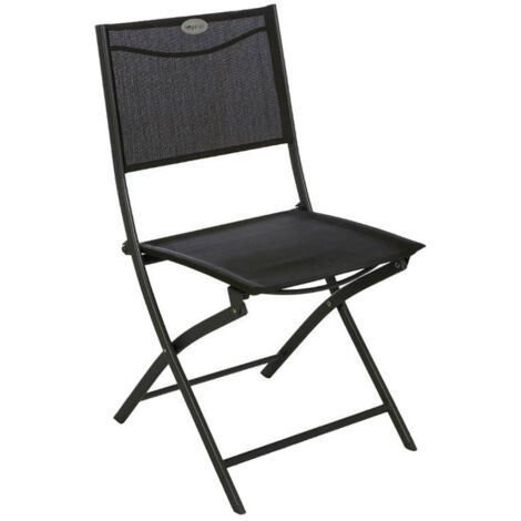 Hesperide – Lot de 4 chaises de jardin pliantes – Acier traité époxy noir moucheté – Toile texaline 100% polyester gris foncé – Dimensions 45x42xH86 cm