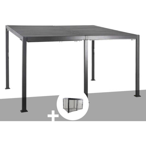 Hesperide – Pergola bioclimatique 4 x 3 m graphite en aluminium – Lames orientables pour contrôle lumière – 6 moustiquaires incluses