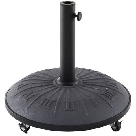Hesperide – Pied de parasol 25 kg gris – Design cadran solaire – Compatible mât 35 à 58 mm – Béton et acier traité époxy – Roulettes pour déplacement facile