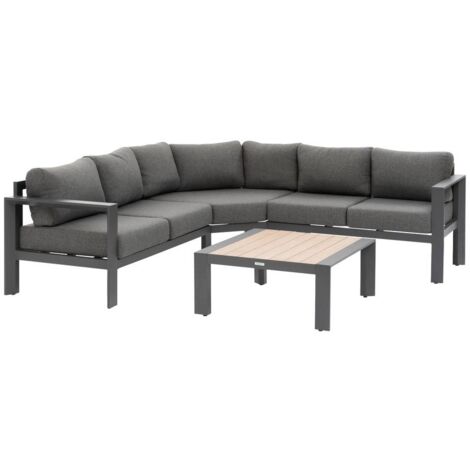 Hesperide – Salon d'angle de jardin 5 places en aluminium et oléfine – Table basse carrée à lattes – Coussins déperlant – Résistant à la rouille