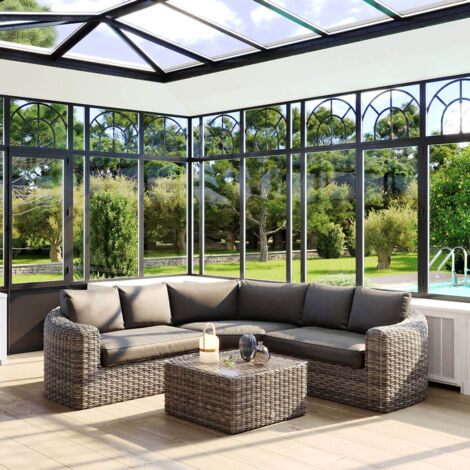 Hesperide – Salon d'angle de jardin 5 places en aluminium traité époxy – Résine tressée – Table basse en verre trempé – Résistant aux intempéries