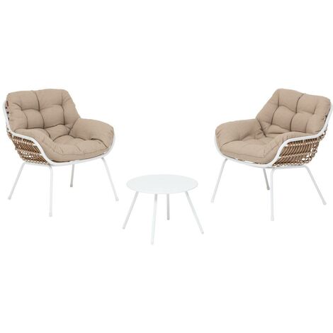 Hesperide – Salon de jardin duo Paopao blanc en acier époxy – 2 fauteuils et table basse ronde – Coussins épais pour confort – Pieds ajustables