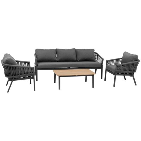Hesperide – Salon de jardin en aluminium graphite – 5 places – Canapé 3 places + 2 fauteuils + table basse en bois d'acacia – Coussins déhoussables