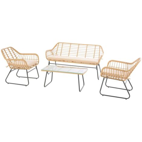 Hesperide – Salon de jardin Lambada 4 places – Structure acier époxy – Résine tressée – Table basse en verre trempé – Coussins déhoussables