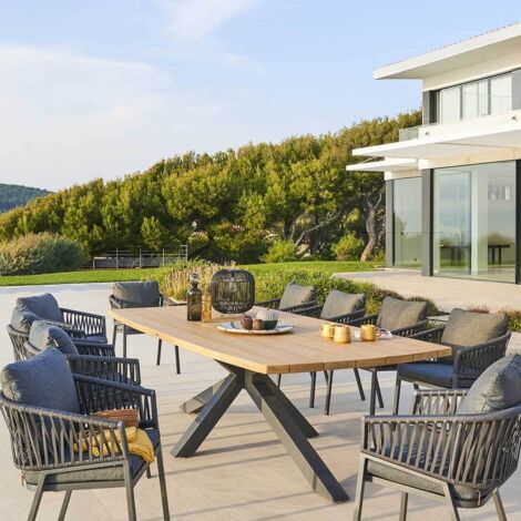 Hesperide – Table de jardin 10 places en acacia – Structure traitée époxy – Plateau verni résistant aux UV – Design contemporain pour terrasses