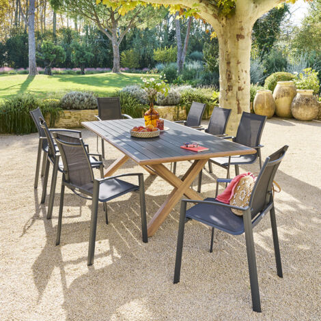 Hesperide – Table de jardin 8 places en aluminium honey et graphite – Pieds ajustables pour stabilité – Pour terrasse ou pergola
