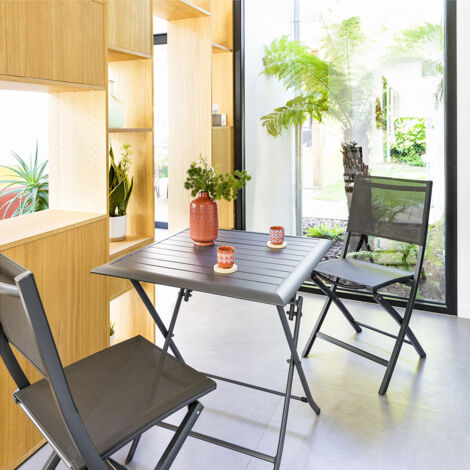 Hesperide – Table de jardin carrée pliante 2 places en aluminium traité époxy – Couleur graphite – Dimensions 71x71x71 cm – Résistante aux intempéries