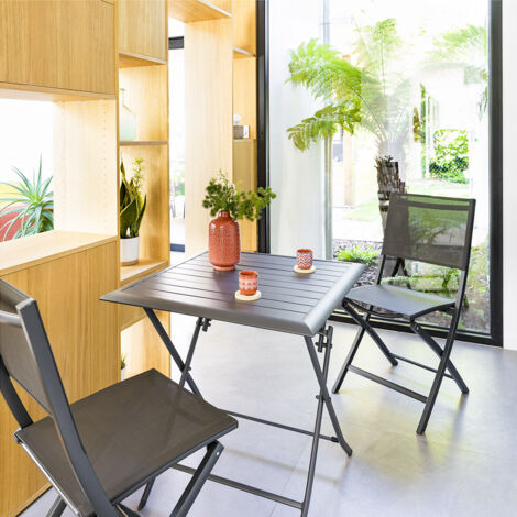 Hesperide – Table de jardin carrée pliante 2 places en aluminium traité époxy – Couleur graphite – Dimensions 71x71x71 cm – Résistante aux intempéries