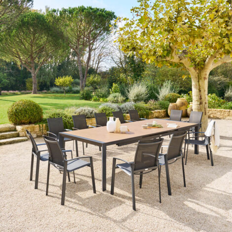 Hesperide – Table de jardin extensible 14 places – Aluminium teinté – Plateau lattes effet bois – Pieds ajustables – Rallonge automatique