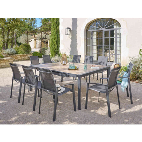 Hesperide – Table de jardin extensible carrée 10 places en aluminium effet bois – Résistante aux UV et intempéries – Dimensions 142x202cm