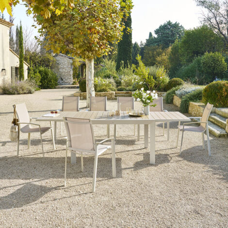 Hesperide – Table de jardin extensible coulissante 10 places – Aluminium teinté – Plateau rectangulaire à lattes effet bois – Rallonge coulissante