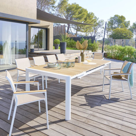 Hesperide – Table de jardin extensible rectangulaire 12 places – Plateau en bois d'acacia – Structure en aluminium – Pieds ajustables pour stabilité