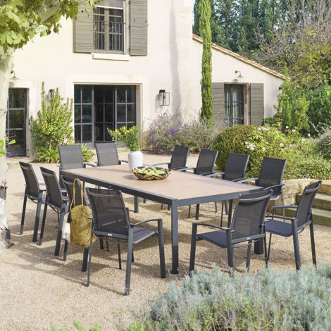 Hesperide – Table de jardin rectangulaire 12 places en aluminium – Plateau lattes effet bois honey et graphite – Traitement époxy antirouille
