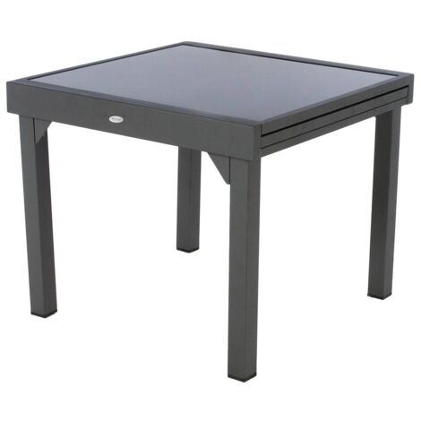 Hesperide – Table extensible carrée en verre 4/8 places – Aluminium léger et résistant à la rouille – Dimensions 180x90cm – Plateau en verre trempé