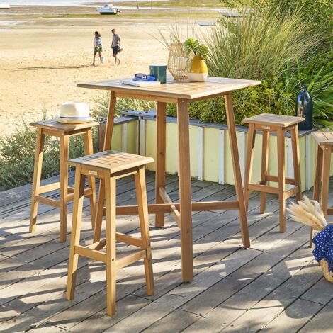 Hesperide – Table haute de jardin 4 places en acacia – Design minimaliste – Résistante aux intempéries – Pour espaces extérieurs