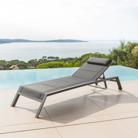 Hesperide – Transat Allure poivre et graphite – Structure en aluminium traité époxy – Dossier inclinable 5 positions – Empilable avec roulettes