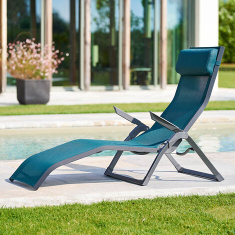 Hesperide – Transat Decima bleu canard – Structure aluminium traité époxy – Toile texaline résistante – Appui-tête amovible – Pliable pour rangement facile