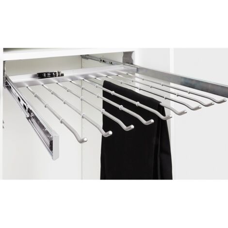 Hettich Schrank-Hosenhalt., ausziehbar, 9079964, Korpusb.600mm, Anz.Hosenhalt.9, Stahl silber