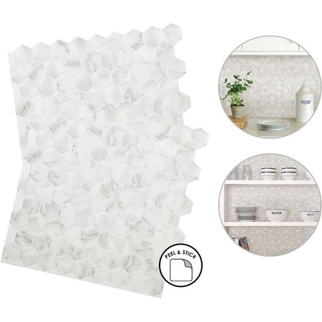 Hexagon Marble Backsplash Tiles Peel & Stick 4pcs White Grey Home Wall Stickers