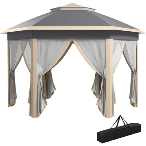 Hexagon Pop Up Gazebo Outdoor Patio Gazebo Double Roof Instant Shelter with Netting, 3 x 4m, Khaki