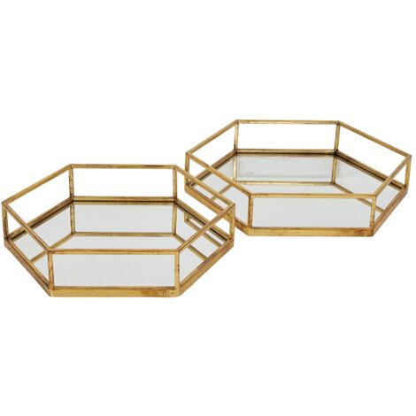 Hexagon Set of Two Trays - Glass/Metal - L43 x W50 x H9 cm - Gold