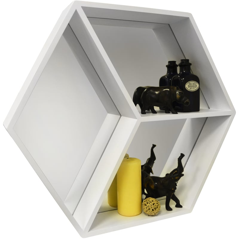 Watsons - HEXAGON - Wall Mounted Cube Storage Shelf with Mirror - White
