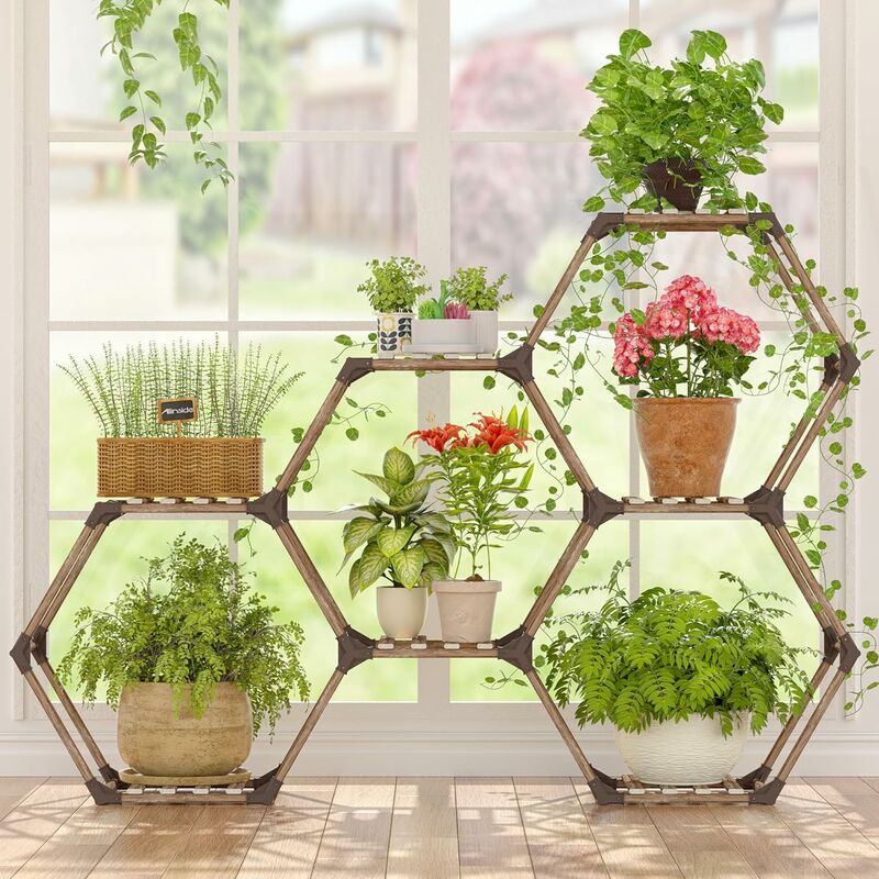 Hexagonal Support pour Plantes d'intérieur, étagère pour Lantes d'extérieur, étagère à Plantes Transformable pour Fenêtre, Jardin, Balcon, Salon - 7