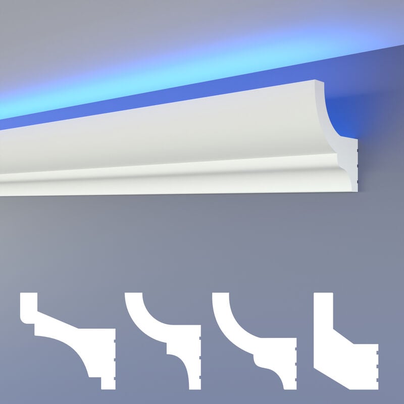 HEXIMO LED moulures classiques, éclairage indirect corniche de plafond XPS Styropor: HLED-10 - 65x75 mm, 20.4 mètres / 12 barrettes