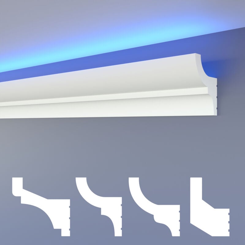 Led moulures classiques, éclairage indirect corniche de plafond xps Styropor: HLED-9 - 55x72 mm, 30.6 mètres / 18 baguettes - Heximo