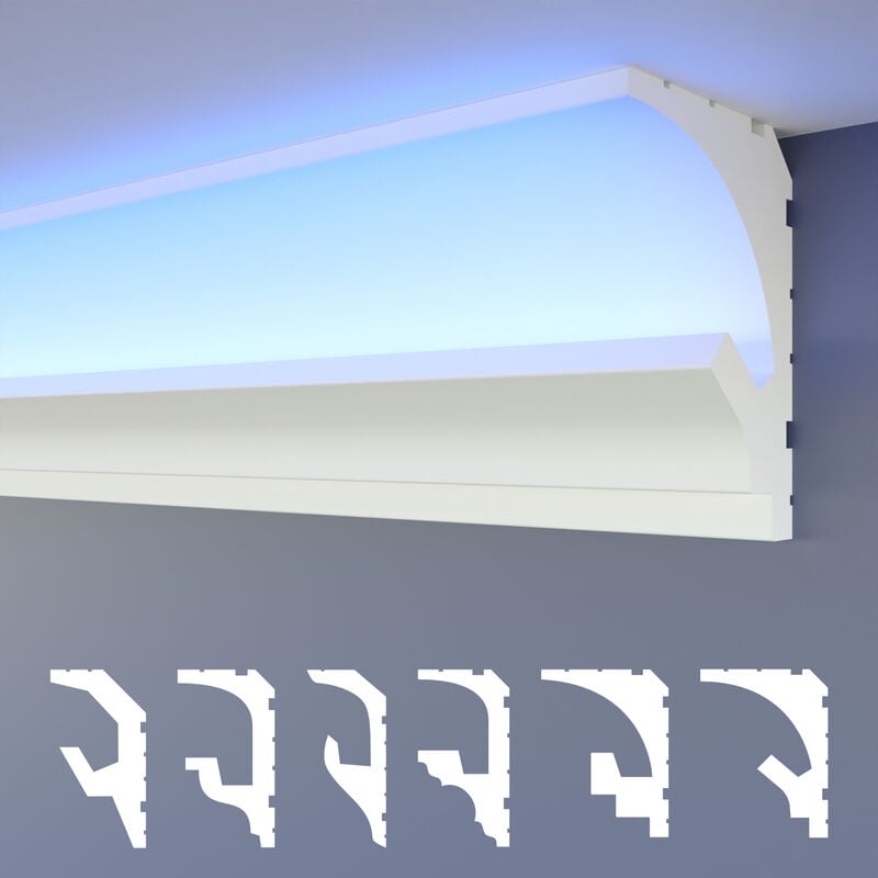 Led Moulures 2en1, éclairage indirect Corniche de plafond xps Polystyrene: HLED-1 - 68x90 mm, 10.2 mètres / 6 barrettes - Heximo