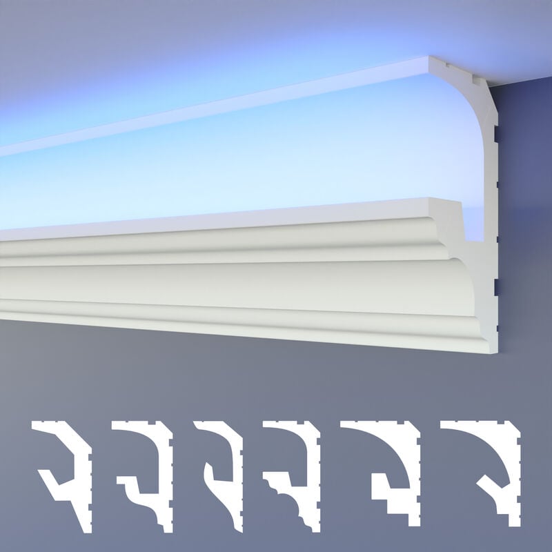 Led Moulures 2en1, éclairage indirect Corniche de plafond xps Polystyrene: HLED-6 - 49x95 mm, 10.2 mètres / 6 barrettes - Heximo