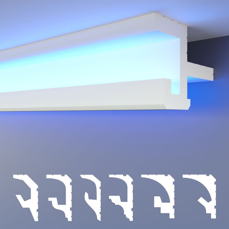 HEXIMO LED Moulures 2en1, éclairage indirect Corniche de plafond XPS Polystyrene: 10.2 mètres / 6 barrettes, HLED-20 - 86x123 mm (de)