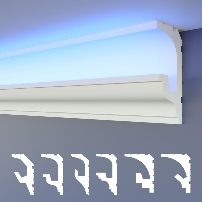 Heximo - led Moulures 2en1, éclairage indirect Corniche de plafond xps Polystyrene: 20.4 mètres / 12 barrettes, HLED-18 - 49x90 mm (de)