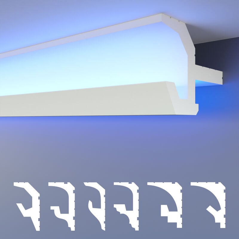 Heximo - led Moulures 2en1, éclairage indirect Corniche de plafond xps Polystyrene: 10.2 mètres / 6 barrettes, HLED-21 - 86x123 mm (de)