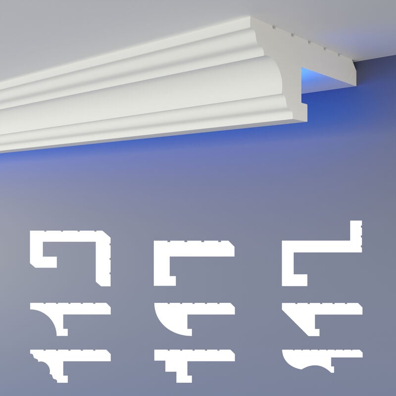 Heximo - Profilé de joint d'ombre led Moulures, éclairage indirect xps Polystyrene Plafond sec: 30.6 mètres / 18 baguettes, HLED-16 - 90x35 mm (de)