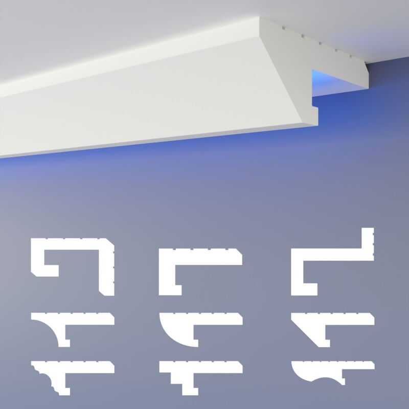 Heximo - Profilé de joint d'ombre led Moulures, éclairage indirect xps Polystyrene Plafond sec: 30.6 mètres / 18 baguettes, HLED-12 - 90x35 mm (de)