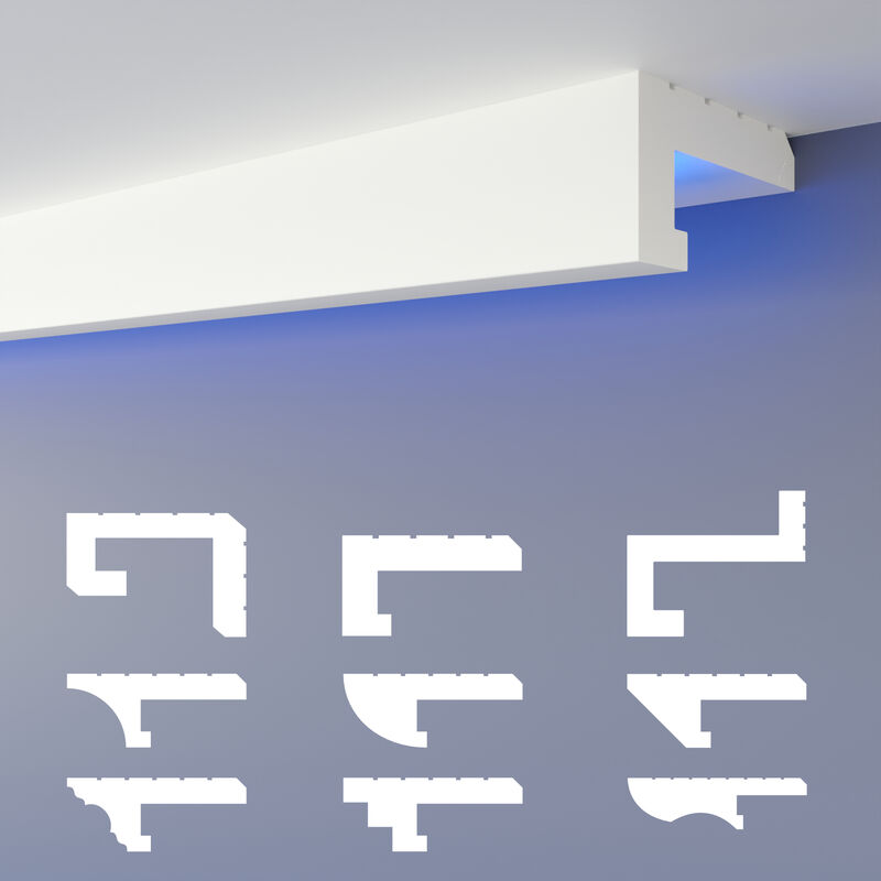 Profilé de joint d'ombre led Moulures, éclairage indirect xps Polystyrene Plafond sec: 10.2 mètres / 6 barrettes, HLED-11 - 60x35 mm (de) - Heximo