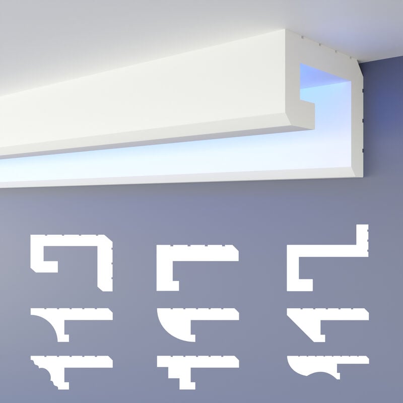 Heximo - Profilé de joint d'ombre led Moulures, éclairage indirect xps Polystyrene Plafond sec: HLED-2 - 56x70 mm, 30.6 mètres / 18 baguettes