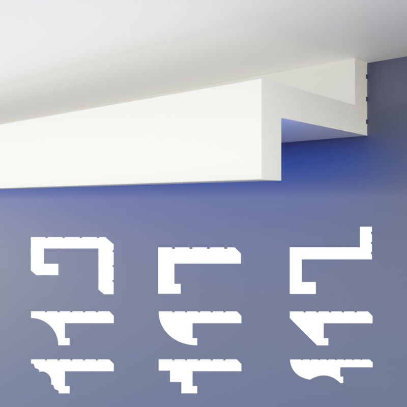 Heximo - Profilé de joint d'ombre led Moulures, éclairage indirect xps Polystyrene Plafond sec: HLED-7 - 59x88 mm, 10.2 mètres / 6 barrettes