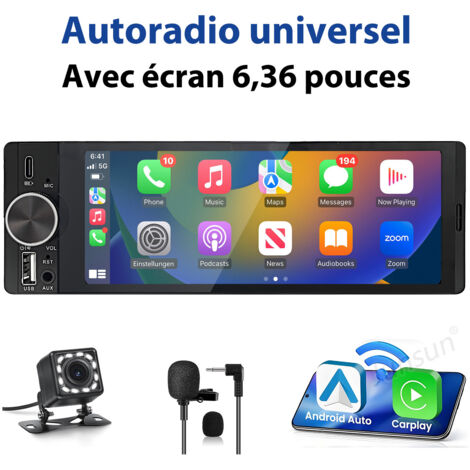 Hexinex Autoradio 6,36" Apple CarPlay 1 DIN avec GPS, Android Auto, caméra de recul, port USB et écran