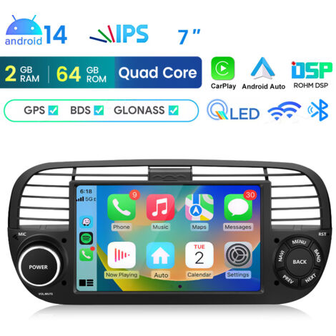 Hexinex Autoradio Android 14 CarPlay 2+64 Go pour Fiat 500 2007-2015 WIFI
