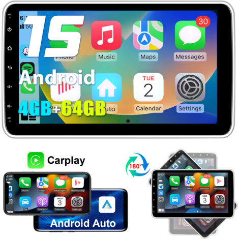 Hexinex Autoradio Android 14 DAB+ 10 Pouces avec navigation GPS – 1-DIN écran rotatif à 360° carPlay commandes au volant