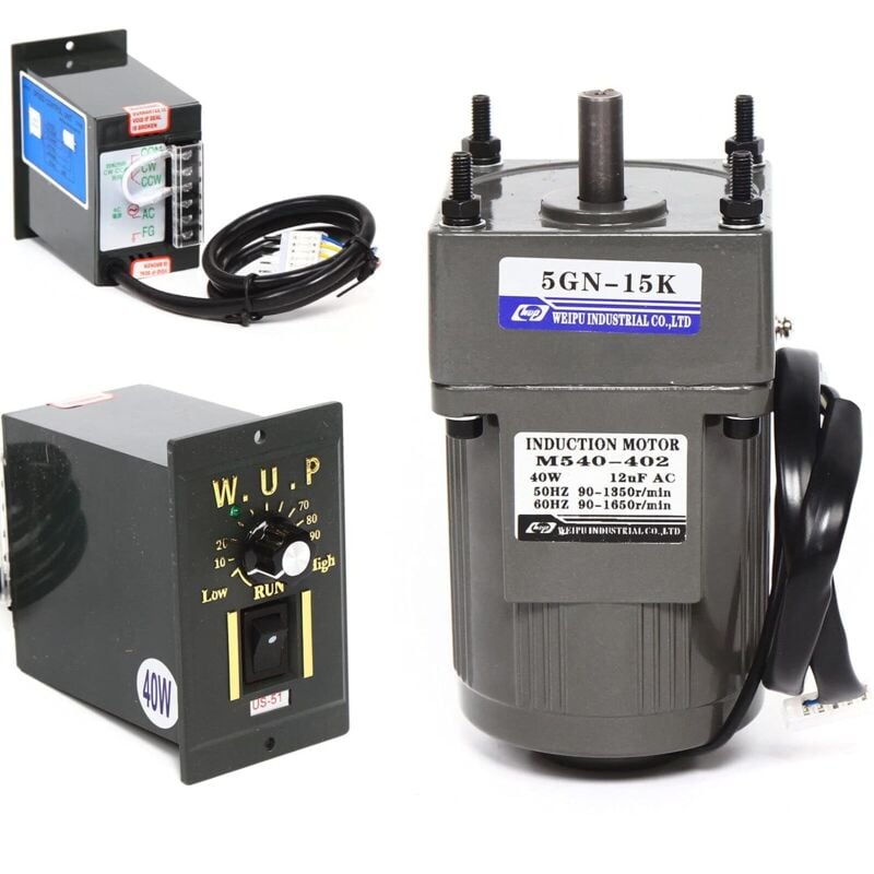 Motoreducteur Électrique ac 220V Moteur à Engrenages Asynchrone Monophasé 40W avec Régulateur de Vitesse (15K), 9 Tours/Min